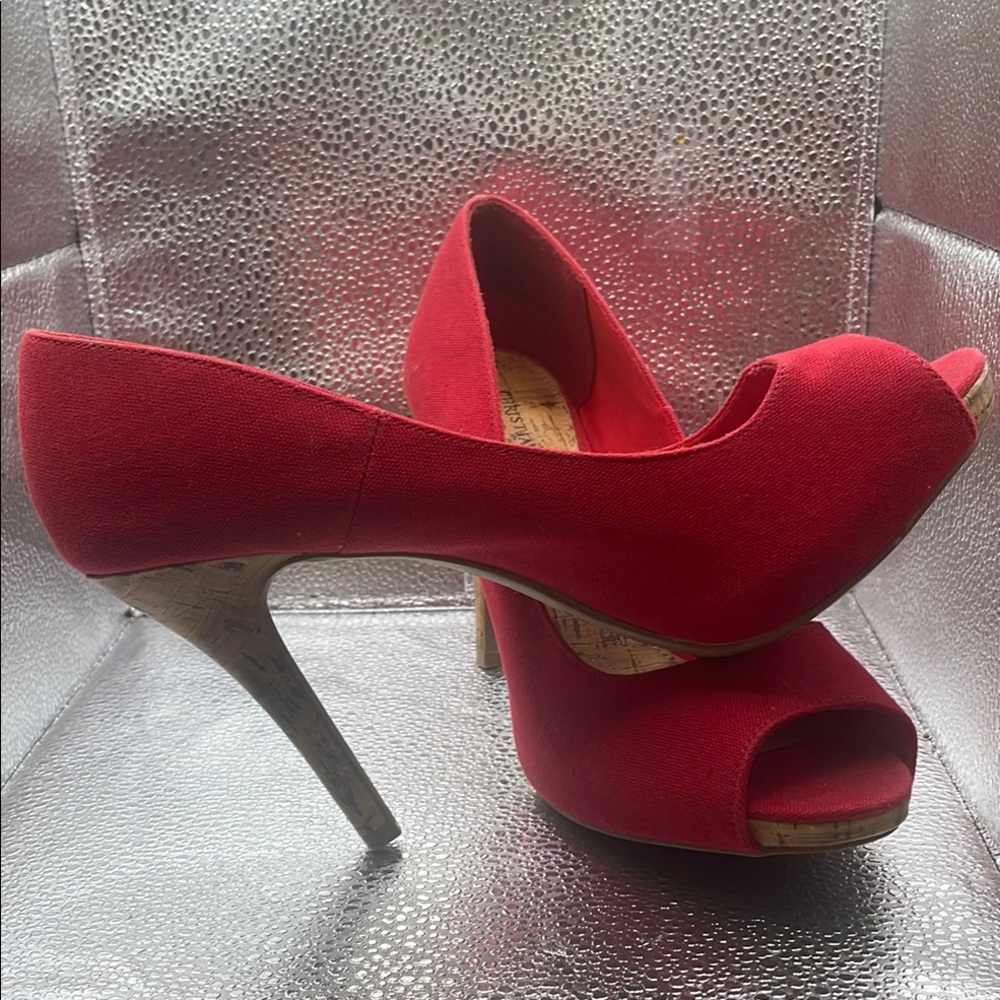 Christian Siriano Red Canvas Peep Toe With Cork Accents Size 9 - Picture 10 of 12